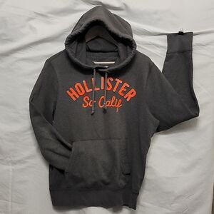 Hollister Hoodie Sweatshirt Charcoal Gray Neon Orange Pullover Size Medium.